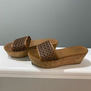 Tory Burch Brown Leather Cork Wedges, size 8.5